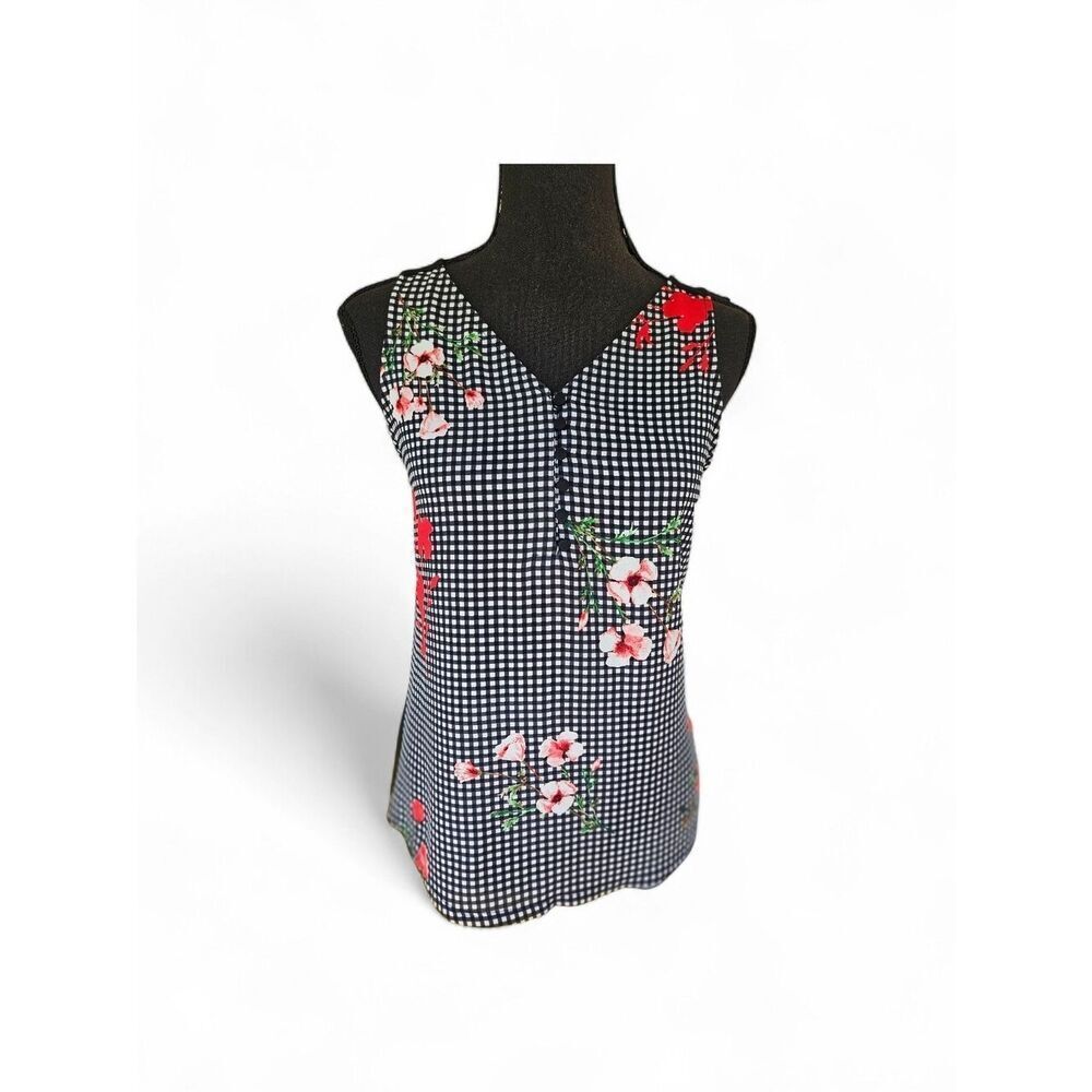 Express Black & White Gingham V-Neck Top with Pink & Red Floral Size XS